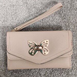 Ardene Women's Tri Fold Wristlet Beige Butterfly Metal Twist Turn Lock Closure